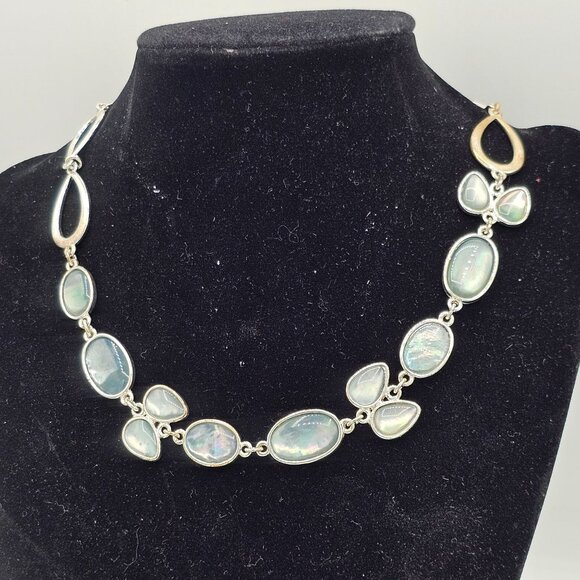 Anne Klein Teardrop Oval Iridescent Light Blue Stone Silver-tone Necklace - Picture 2 of 5